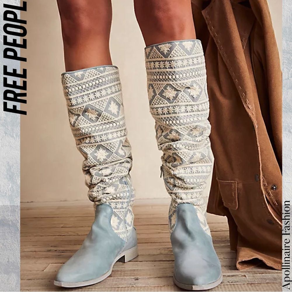FREE PEOPLE BREN SLOUCH TEXTILE BOOTS LIGHT BLUE IVORY 38.5 NWT